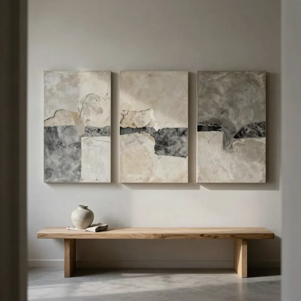 Tríptico abstracto en tonos piedra sobre pared de cal, banco de madera clara y aire de galería.