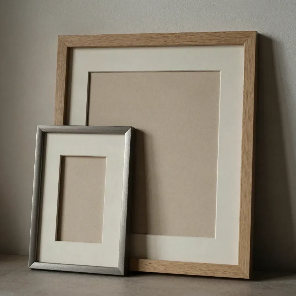 Tres marcos vacíos, dos paspartús y una muestra neutra apoyados en una pared texturizada.