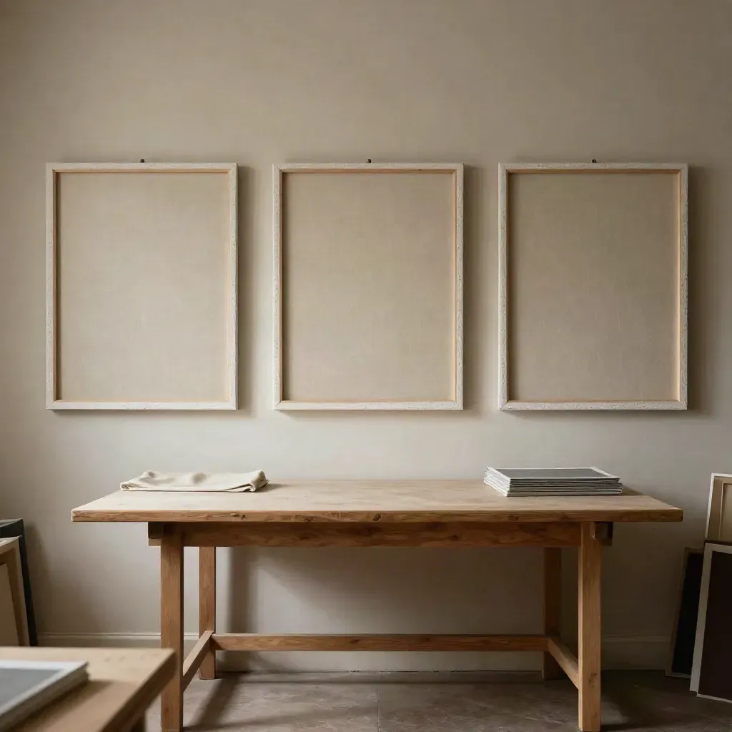 Pared de estudio con tres lienzos neutros y mesa despejada en marcos de madera clara.