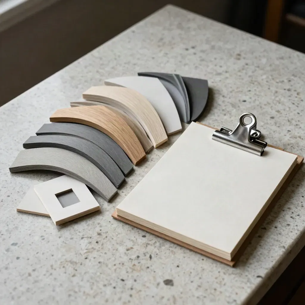 Muestras de molduras y paspartú, clips y carpeta de acabados sobre travertino, luz suave.