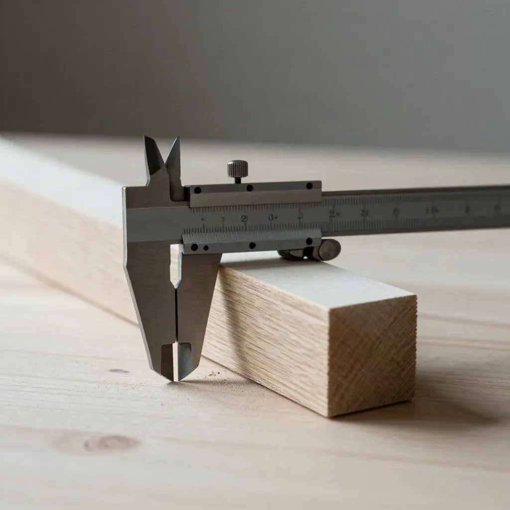 Calibre de taller y moldura sobre madera clara, con polvo fino y luz suave lateral.