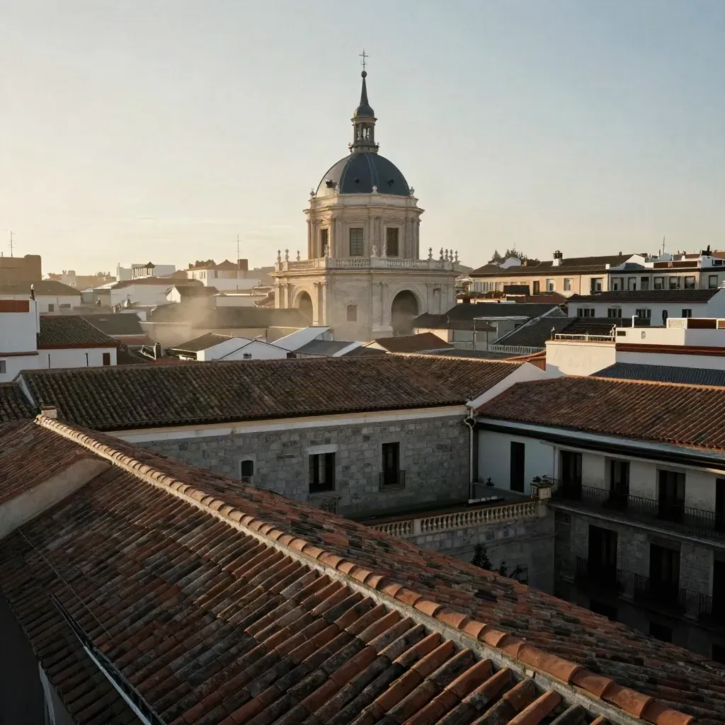 Tejados madrileños, cúpula histórica y patios en calima dorada sobre Madrid Centro
