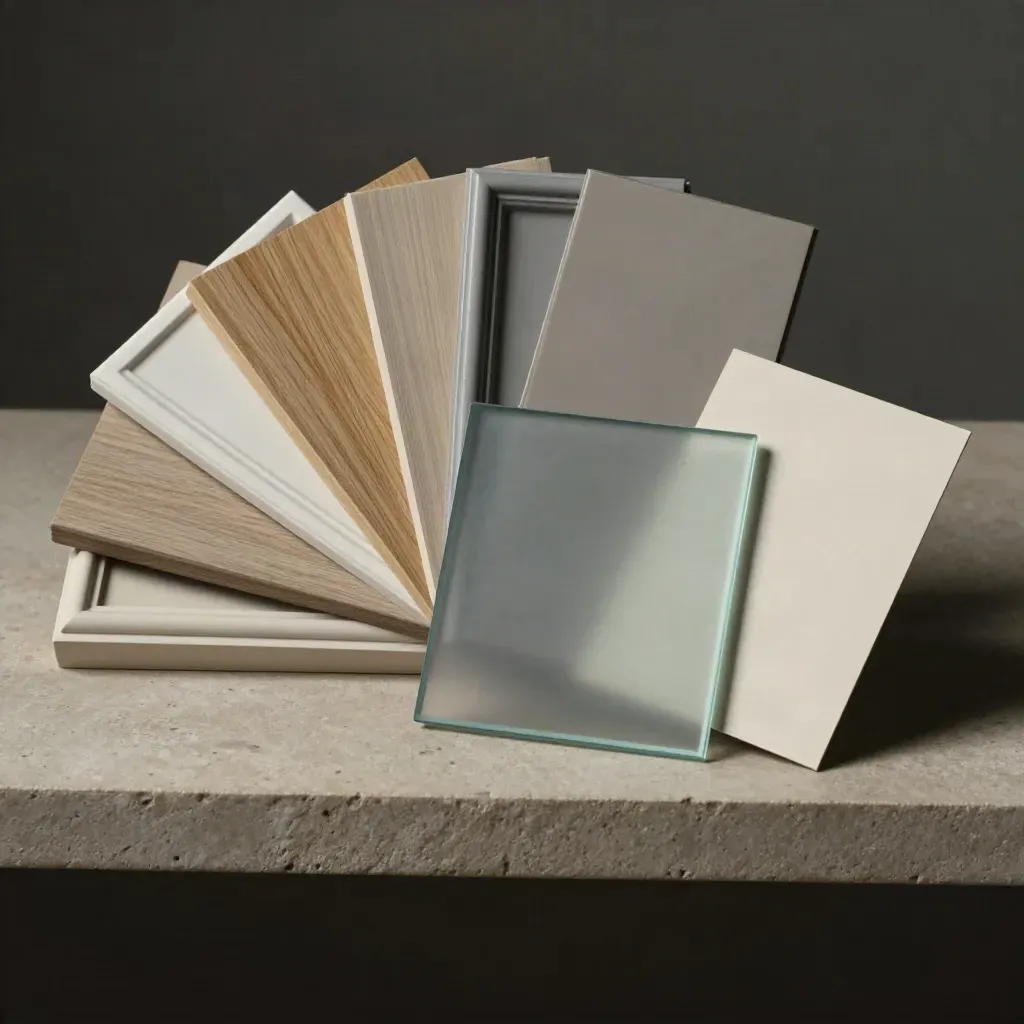 Muestras de molduras y cristal mate sobre piedra, con luz suave y estética minimalista.