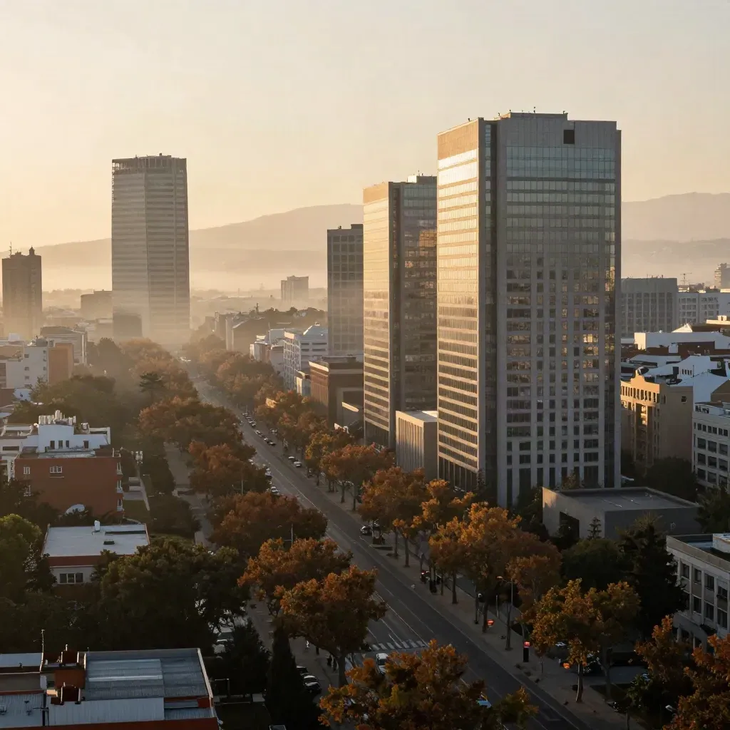 Torres de oficinas y árboles de avenida en Madrid Norte con bruma dorada al amanecer