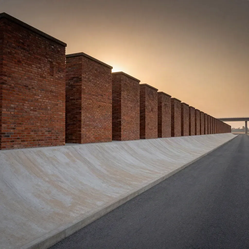 Naves de ladrillo y viaductos lejanos del Corredor Sur al atardecer, con base de hormigón calmada.