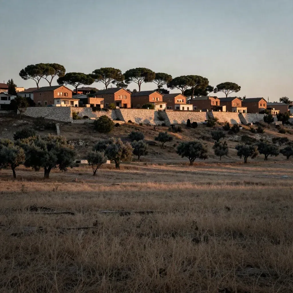 Paisaje amplio de colinas, pinos y ladrillo residencial en la Zona Oeste, con calor de tarde.